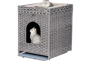 Snughome Cat Litter Box Enclosure Furniture Hidden with Cat Litter Mat, Hidden Cat Washroom Furniture with Door, Handwoven Rattan Cat Washroom Box, Indoor Pet House for Living Room, Bedroom(Grey)