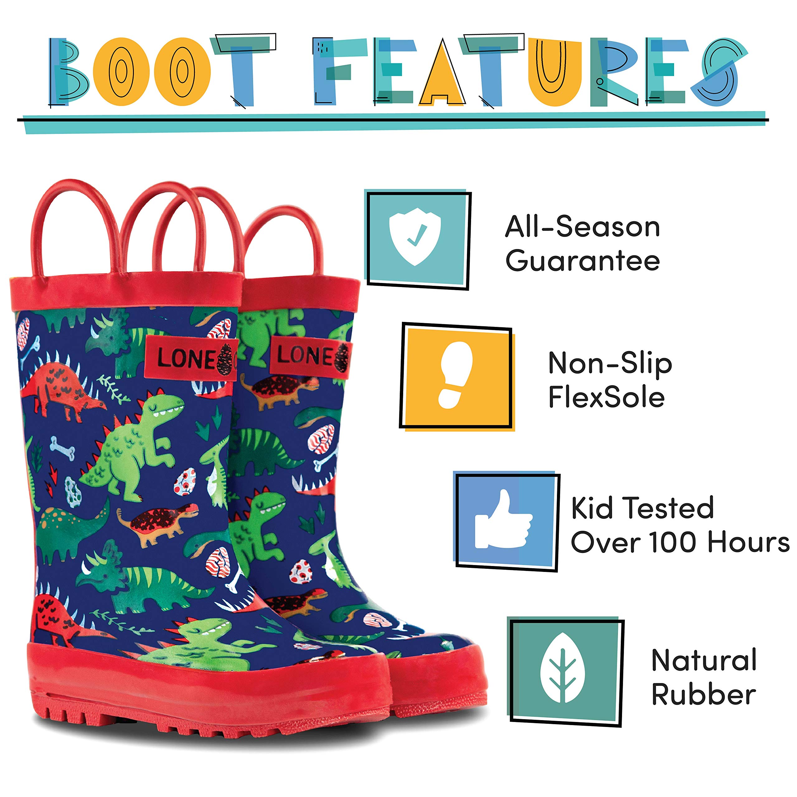 Lone Cone Kids Rain Boots for Girls & Boys – Waterproof Natural Rubber Toddler Rain Boots with Non-Slip Outsole & Easy Pull Handles – Solid, Pattern & Glitter Designs