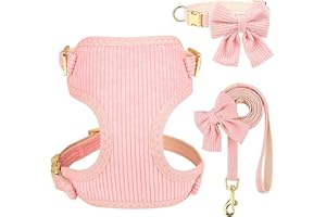 Didog Cute Small Dog Harness Collar and Leash Set with Bowtie, Breathable Soft Mesh Padded Puppy Harness, Pink Dog Harness for Parties, Holiday Gatherings & Gifts, Pink, S