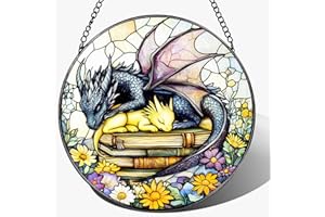 DOUHASU Stained Glass Window Hanging, 8 Inch Dragon Stained Glass Suncatcher, Dragon Decor, Home Decor for Windows, Book Lover Gift, Gifts for Book Lovers, Gifts for Bookworm on Birthday Christmas