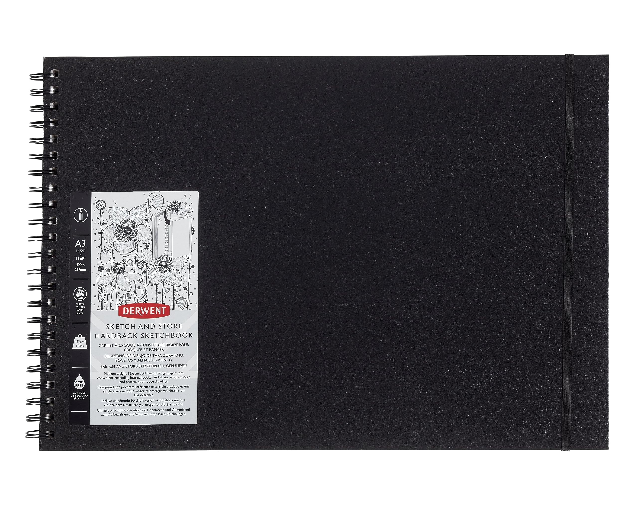 Derwent Sketch & Store Hardback Sketch Book, A3 Landscape, Drawing & Writing, 56 Sheets, Acid-Free Paper, Wirebound Spine, Professional Quality, 2102174,black