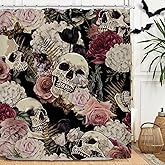 Miyotaa Gothic Skull Shower Curtain Set 60Wx71H Inches Rose Vintage Scary Spooky Flower Burgundy Waterproof Bathroom Curtain with 12 Hooks