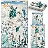 Preboun 3 Pack Sea Turtle Bathroom Towels Set Ocean Turtles Starfish Map Hand Towels Vintage Soft Bath Towels Sea Horse Coral Dish Towels Absorbent Fingertip Towel for Bathroom Kitchen Hotel Beach Gym