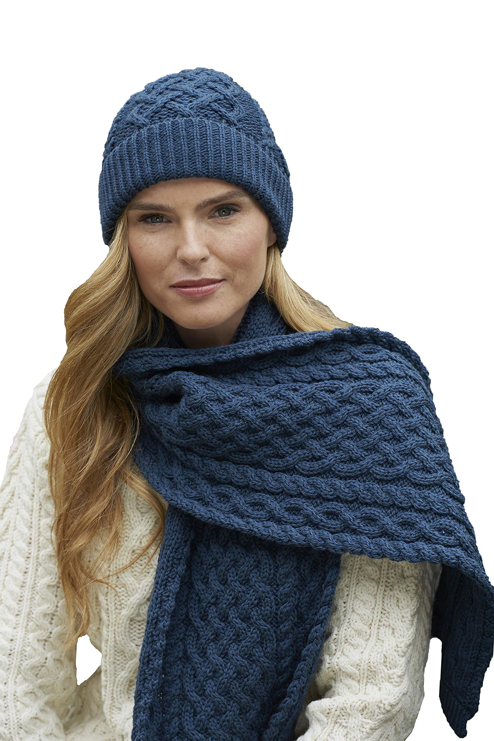 Aran Crafts Irish Soft Cable Knitted Wool Trellis Pattern Scarf 9.5x60(X4840-MABL)