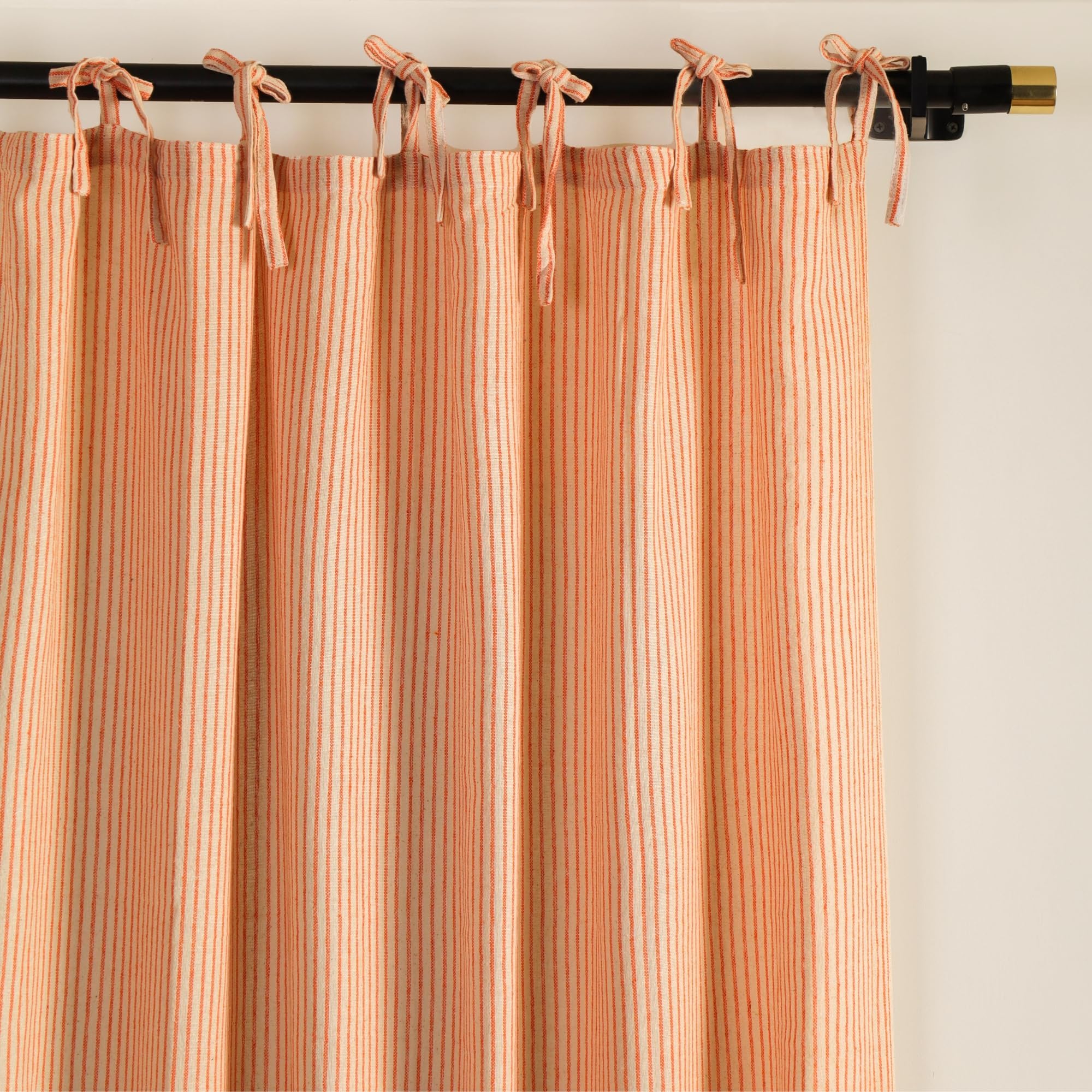 THE ART BOX Gauze Striped Curtains, Boho Linen Gauze Tie Top Hanging Curtains Light Filtering Door Window Treatment 2 Panel Drapes for Living Room Home Décor Orange on Beige (84"x42" Each Panel)