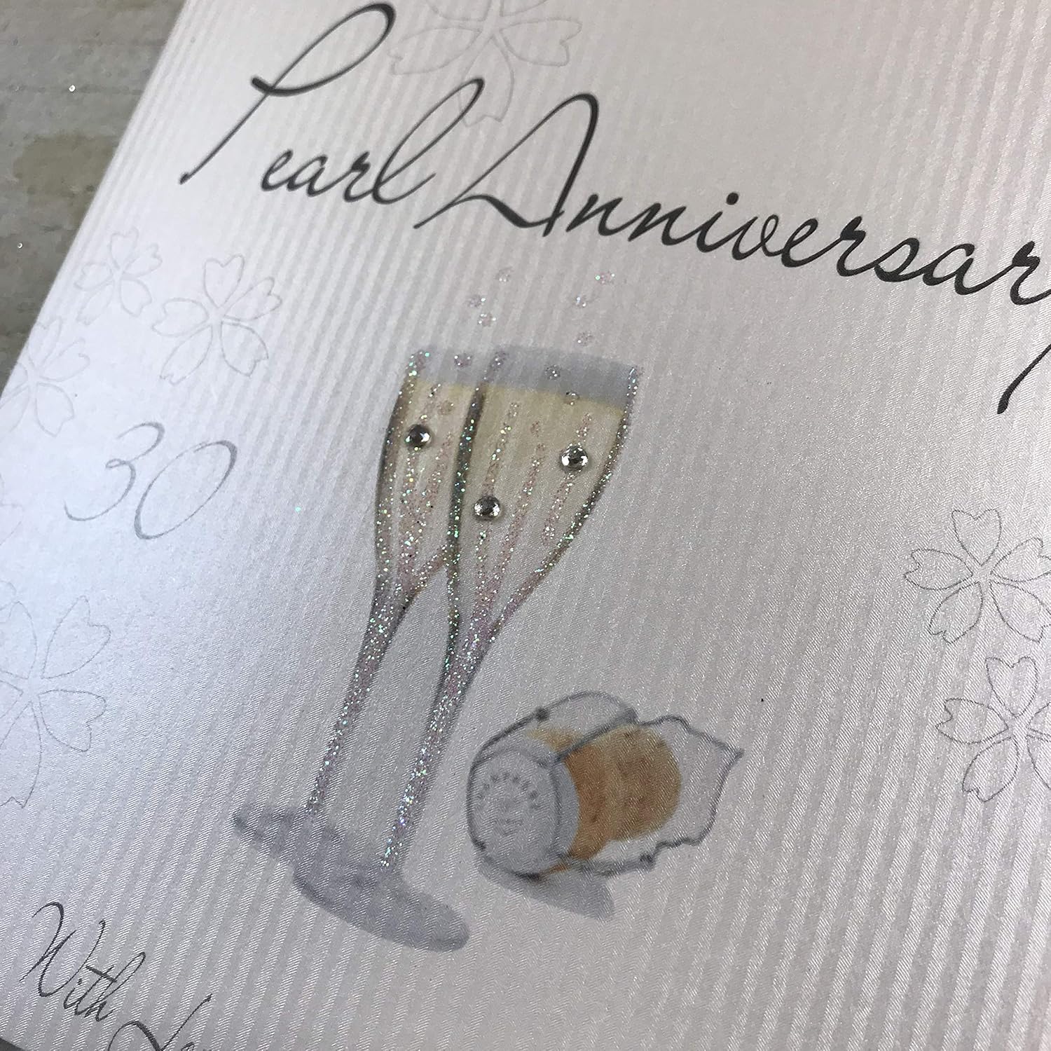 white cotton cards Champagne Glasses Pearl Handmade 30th Anniversary Card, White, WA30, 16cm x 16cm - Image 4