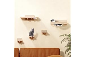 PATHOSIO PETS Cat Wall Shelves with Hammock & Feeding Station – Solid Wood Wall Climbing Furniture for Large Cats, Mounted Durable Shelves with Extra Hammock, Non-Slip Steps & Bowls – Beige