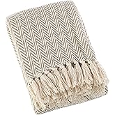 SARO LIFESTYLE TH560.N5060 Sevan Collection Soft Cotton Chevron Throw Blanket, Natural, 50"x60"