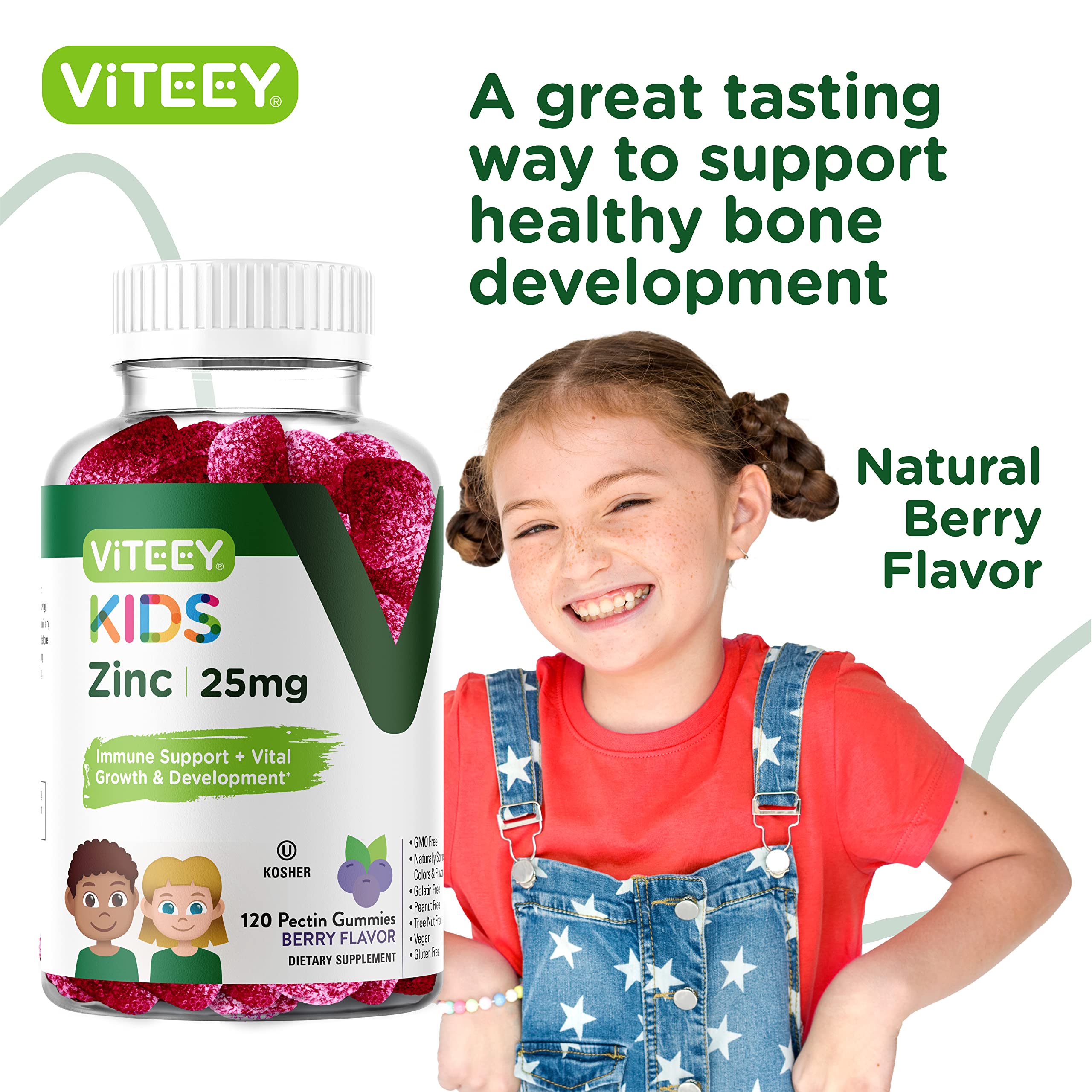 Zinc for Kids Gummies, 25mg - Immune Support for Kids & Teens - Powerful Natural Antioxidant, Kids Zinc Vitamin Supplement - Vegan, Gelatin Free, Gluten Free - Tasty Chewable Berry Flavor Gummy
