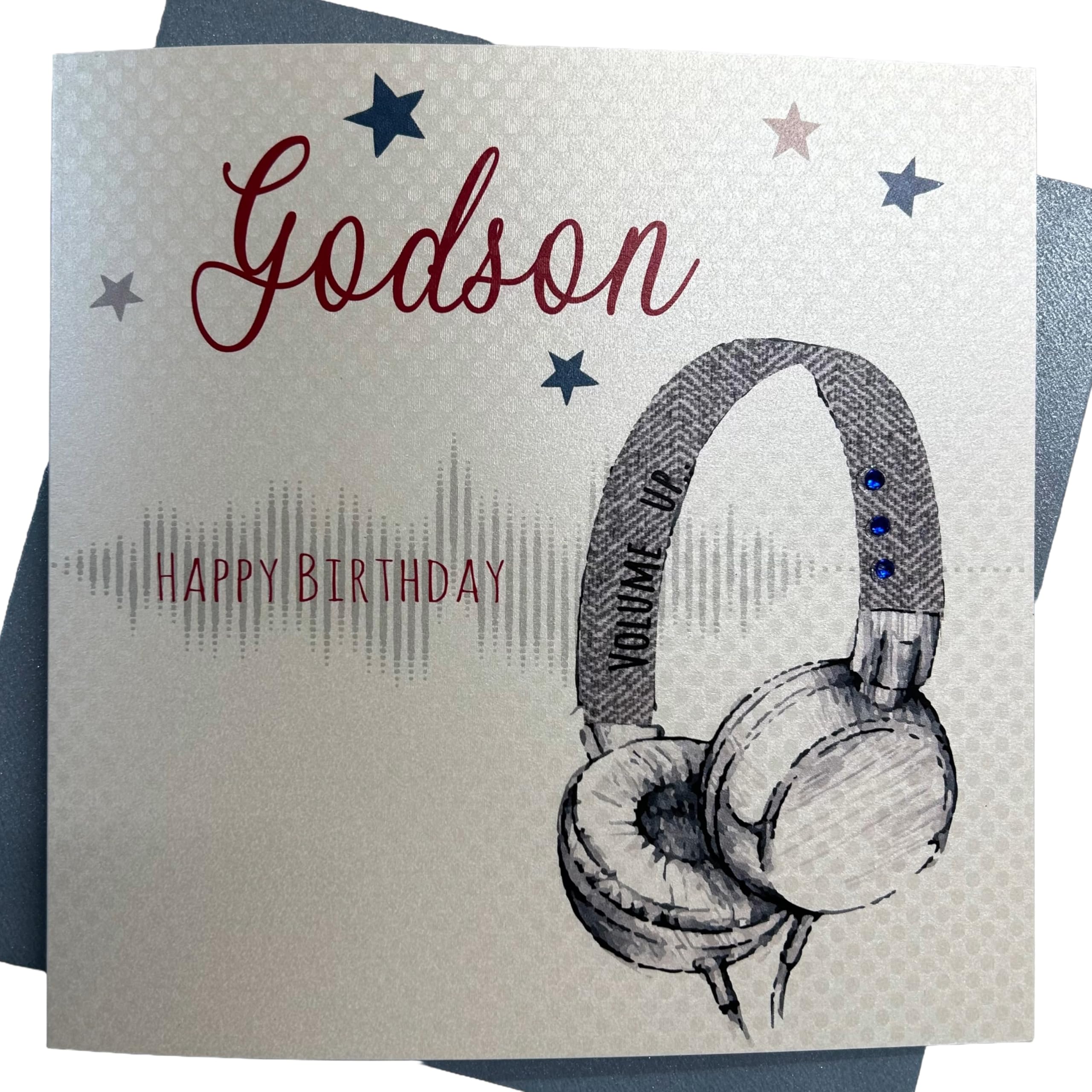 white cotton cards Hand Finished Godson Happy Birthday Headphones Boys Birthday Card (SB54-Ggd), 16cm x 16cm