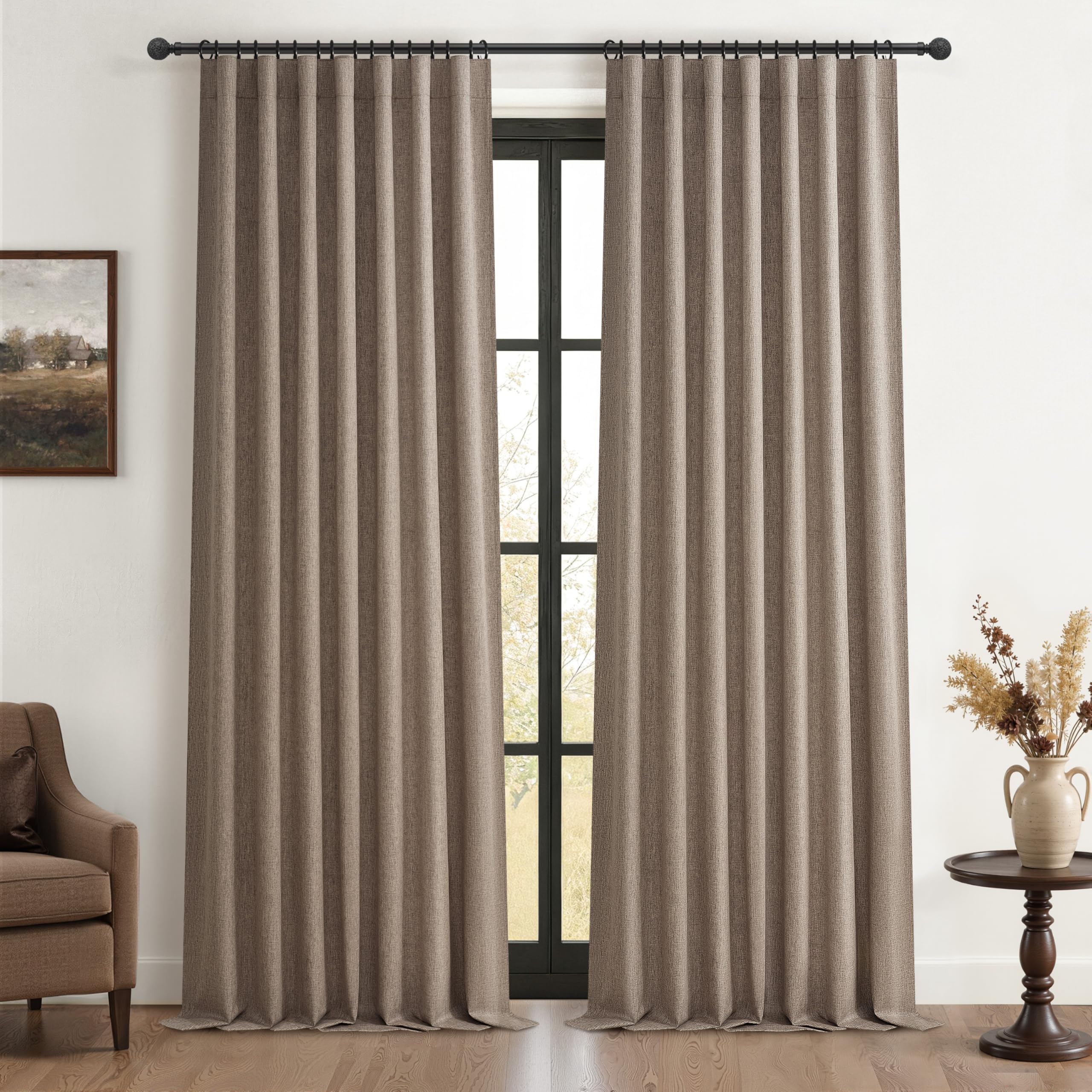 Photo 1 of Dark Flax Black Out 108 Inch Long Boho Curtains 2 Panel Set, Farmhouse Curtain for Living Room Darkening/Thermal/Noise Reduction Textured Linen Drape 9ft Hook&Ring Included Chocolate 50"Wx108" L