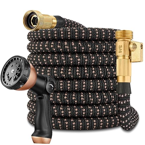 100 Foot Garden Hose – 2026 Upgarded Expandable Garden Hose w/10 Pattern Spray Nozzle, 650psi Brass 3/4” Fittings – Lightweight, Durable, Kink-Free, Retractable Water Hoses for Gardening(Black Gold)