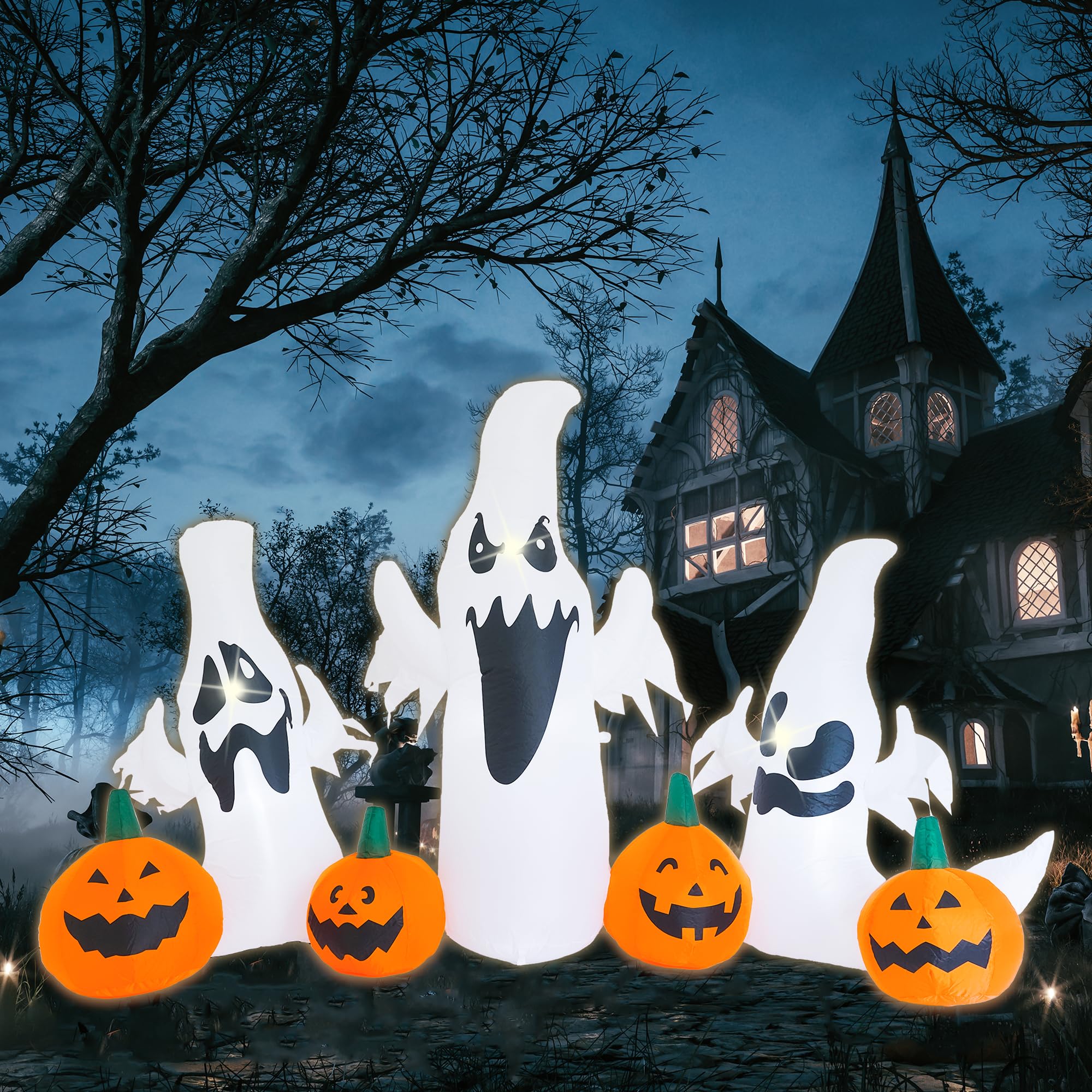 HomeKaren 7.6 Ft Halloween Inflatables Outdoor Ghosts and Pumpkin, Blow