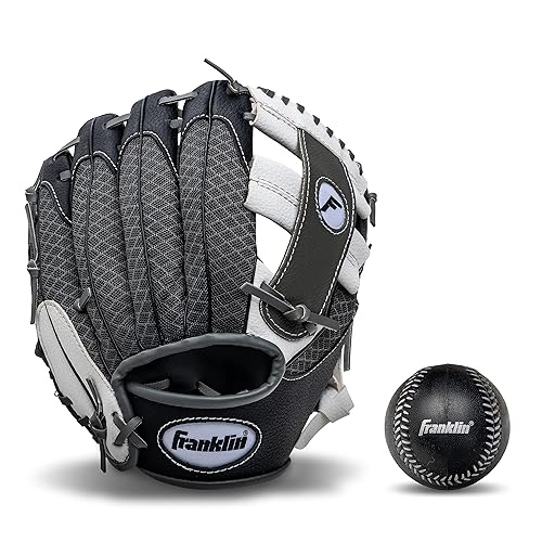 Franklin Sports Kids Baseball Gloves - Meshtek Child's Tball Glove + Ball Set - Boys + Girls Teeball Mitt Set - Kids + Toddler - Right Hand Throw - 9.5",Black/Graphite/White
