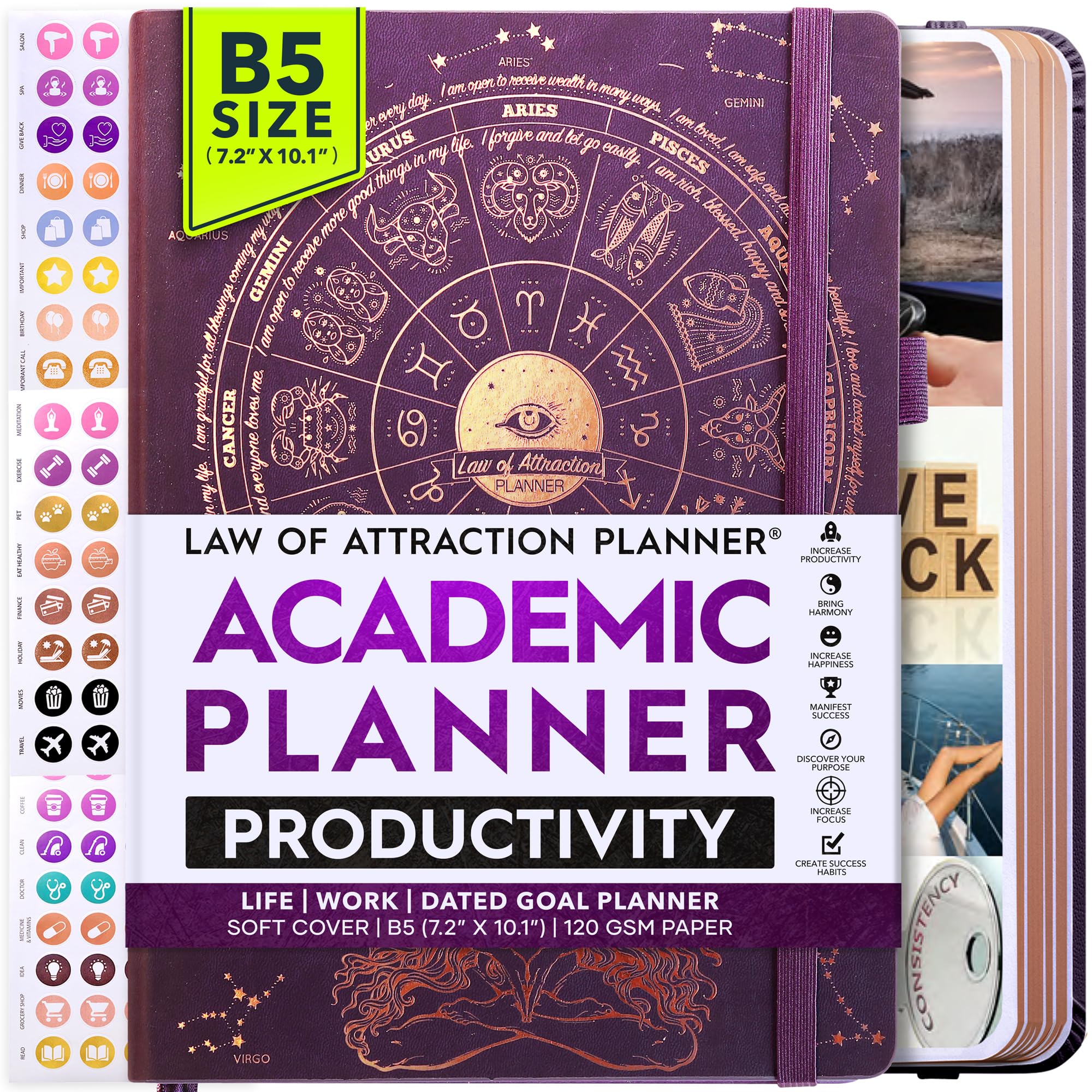 Photo 1 of Academic Planner 2025-2026 - Weekly and Monthly Planner to Increase Productivity & Happiness | Daily Manifestation Journal | Goal, Gratitude Journal & Stickers | Dated from July 2025 - July 2026