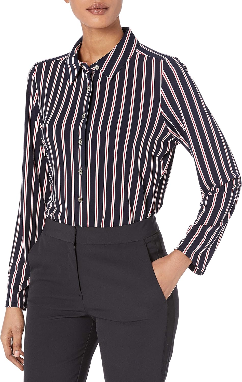 Tommy Hilfiger Women's Long Sleeve Collared Button Front-Knit Top at Amazon Womenâs Clothing store