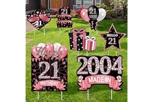 MOORAY 7Pcs Rose Gold 21st Birthday Yard Sign Decorations for Women Girls, Happy 21st Birthday Made in 2004 Lawn Sign Party Supplies, 21 Year Old Birthday Yard Decor with Stakes