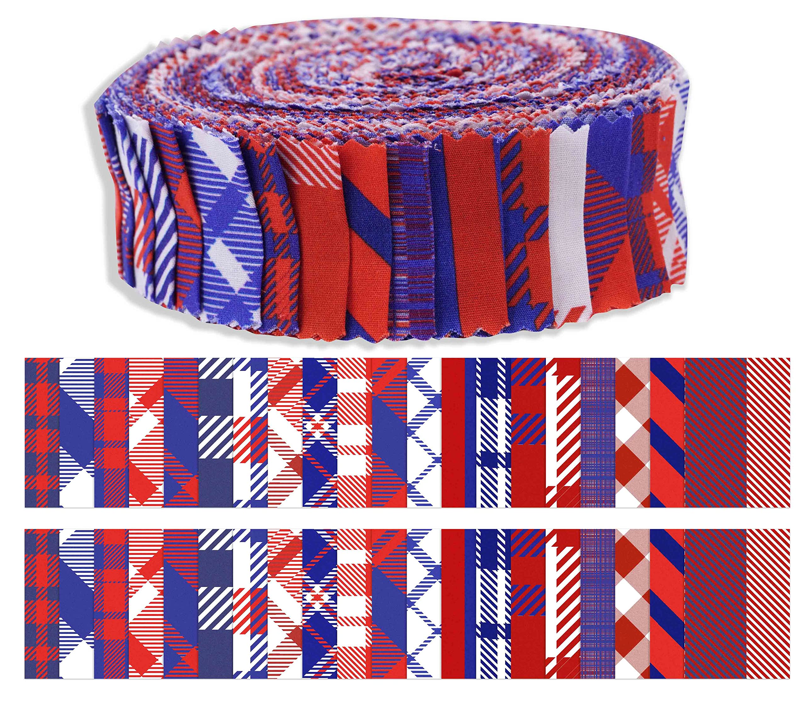 Soimoi 40Pcs Check & Tartan Print Precut Fabrics Strips Roll Up 1.5x42inches Cotton Jelly Rolls for Quilting - Red, Blue & White