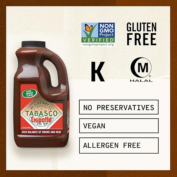 TABASCO® BRAND CHIPOTLE PEPPER SAUCE, MEDIUM HOT SAUCE, BULK PLASTIC JUG, SMOKY & SMOOTH, PERFECT FOR LARGE RECIPES, GREAT FOR MARINATING OR GRILLING MEATS & MORE, 64 FL OZ (PACK OF 1)