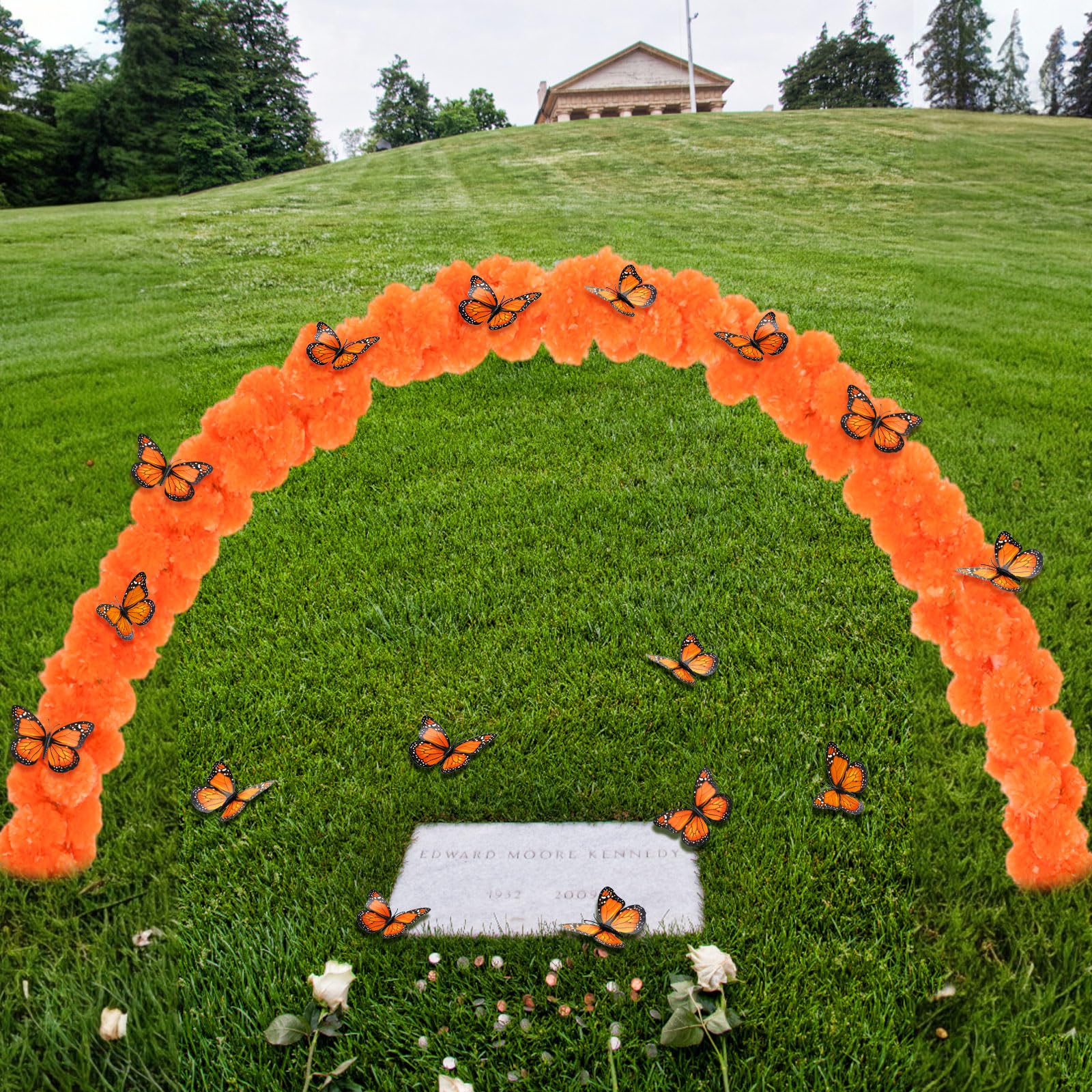 Photo 1 of **FOR PARTS/ARCH POLE BROKEN*** Giegxin 27 Pcs Outdoor Day of The Dead Marigold Arch Set Include Artificial Marigold Garland Arch 2 Fixing Brackets Plastic Ties and 3D Monarch Butterfly for Patio Day of The Dead Altar Decoration