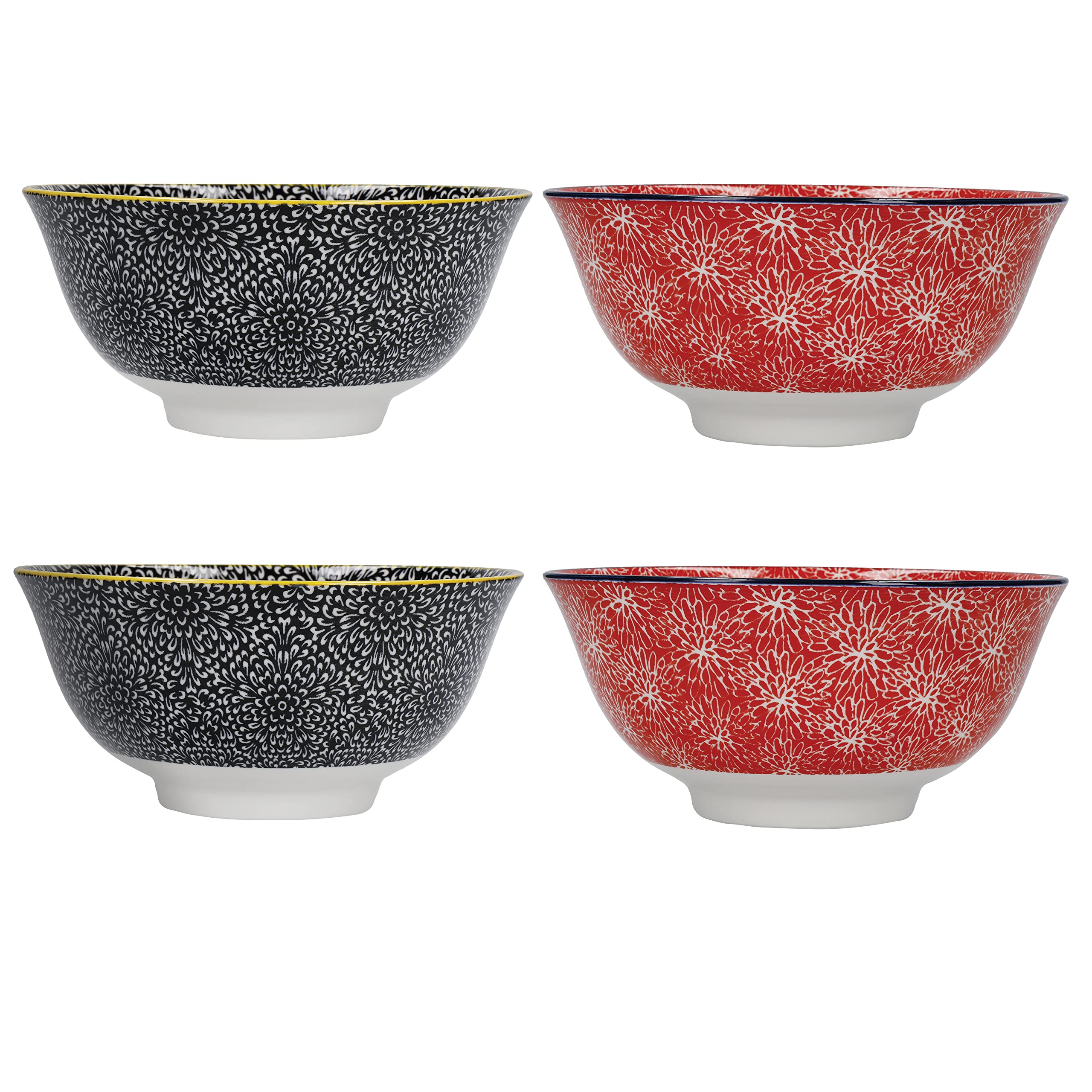 KitchenCraft Glazed Stoneware Bowl Set of 4, Red and Black Floral, 15.5 x 7.5cm, Gift Boxed