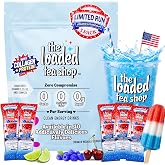 The Loaded Tea Shop Rocket Pop Collagen + Protein Energy Drink Mix, 5ct | 5g collagen + protein, 200mg green tea caffeine, zero sugar, blue raspberry cherry limeade. 3-4 drinks per stick