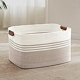 SunNewt 72L Large Laundry Basket with Leather Handles for Living Room Storage, Woven Rope Baskets Bin for Blanket, Kids Toy, Gifts, Wicker Hamper for Bedroom Dirty Clothes, 22"x17"x12" White Brown