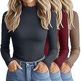 Oakgarden 3 Pack Women's Cotton Long Sleeve Mock Turtleneck Tops Ribbed Lettuce Trim Slim Fit Shirts Thermal Base Layer