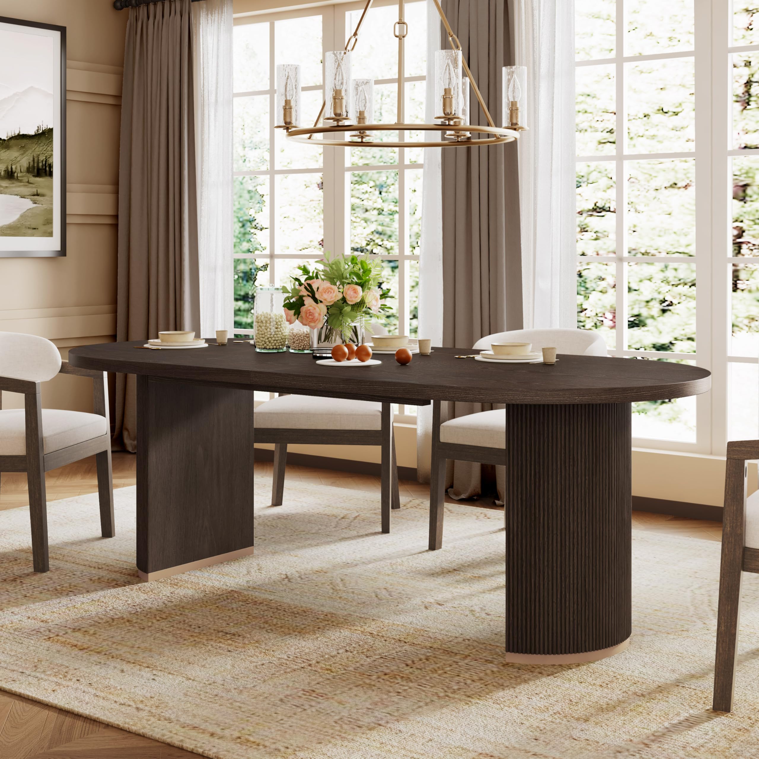 Photo 1 of Christopher Knight Home Lancas Oval Top Dining Table - Modern Minimalist Wooden Pedestal Design - Seats 6 - Dark Brown Finish - Indoor Dining Room & Kitchen Table - Restaurant, Family Gatherings, Home