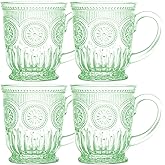 Yungala Green Glass Coffee Cups - Set of 4 Vintage Coffee Mugs – 10oz Vintage Tea Cups, Pastel Apple Green Aesthetic Mug Set, Unique Tea Cup Glass with Sunflower Design, Dishwasher Safe, Lead-Free
