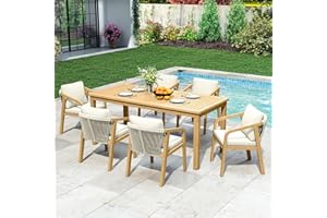 FANSAFURN 7-Piece Outdoor Dining Set for 6 with 23" Extra Wide Chair and Cushion，Patio Table and Chairs Set with All Acacia Wood Frame, All-Weather PE Rattan Outdoor Patio Furniture Set for Lawn Garden, Beige