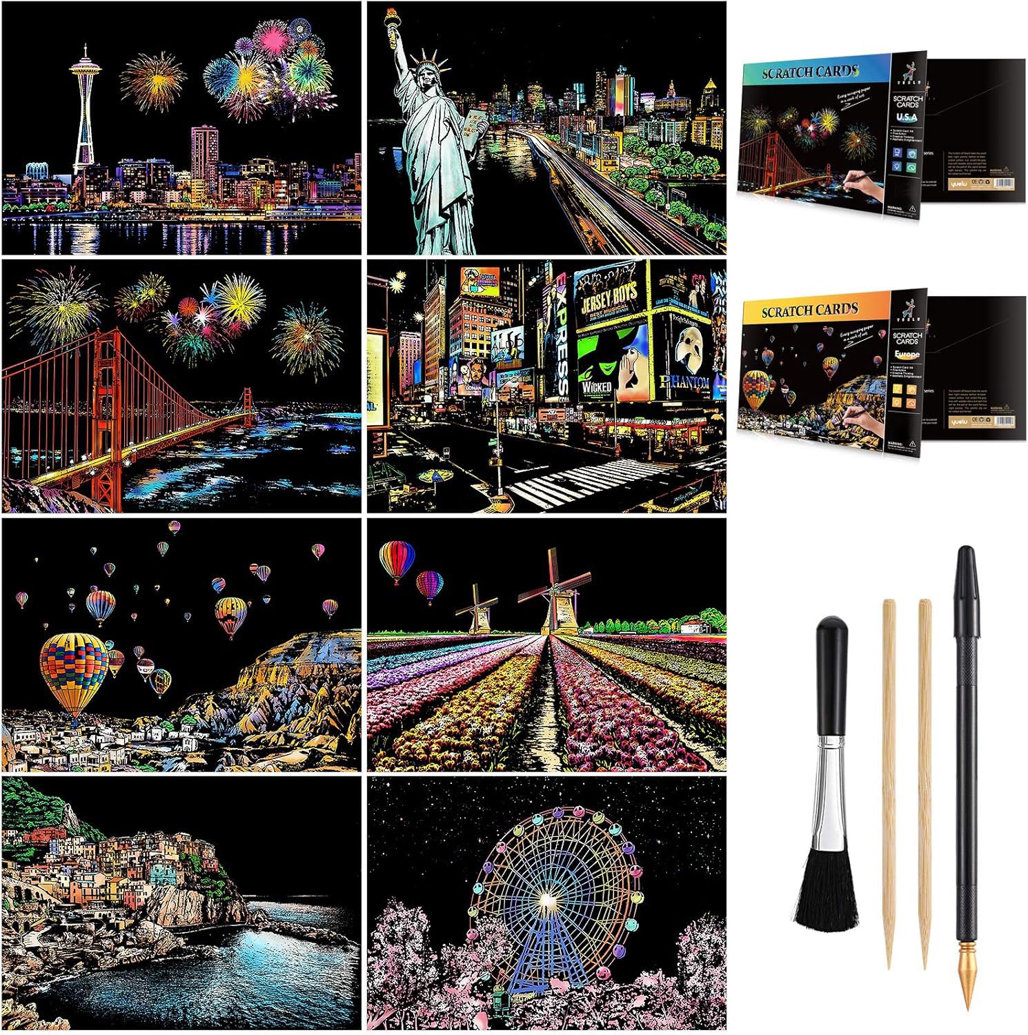 Scratch Art for Teens & Adults, Rainbow Engraving Painting Landscape Scratchboard(A4) Crafts Set: 8 Sheets with 4 tools - New York, Statue of Liberty, Golden Gate Bridge, Manarola (America / Europe)