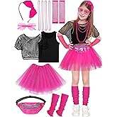 AOTHSO 14 Pieces Girls 80s Outfit Accessories Set Halloween Girls 80s Clothes Costume for Cosplay 1980s Party for Kids