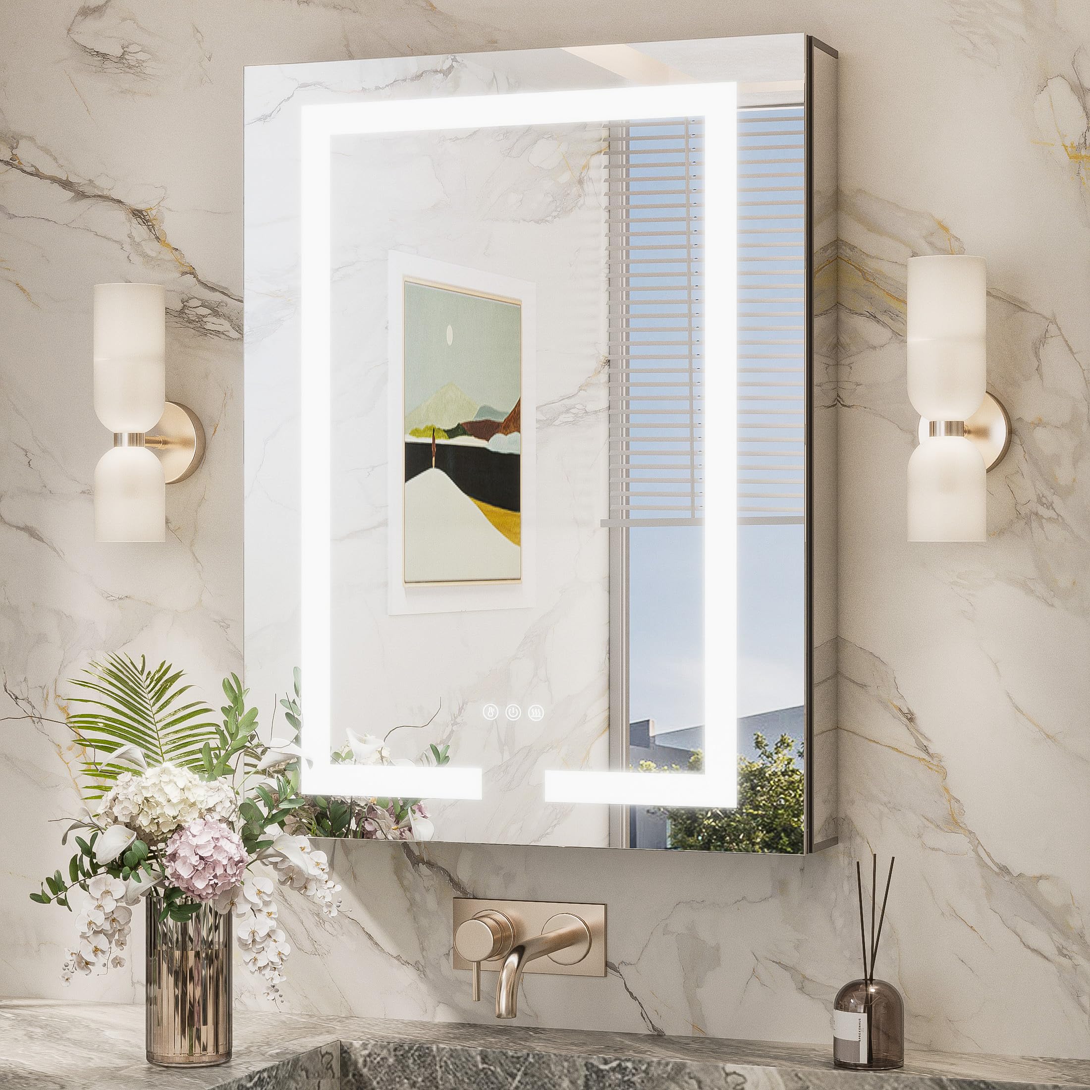 Photo 1 of TokeShimi 24x32 Anti-Fog Led Medicine Cabinet Mirrored for Bathroom Surface or Recessed, Medicine Cabinet Mirror with Lights 3 Color Dimmable and Sockets, 2-Side Mirror with Storage UL-Listed Driver