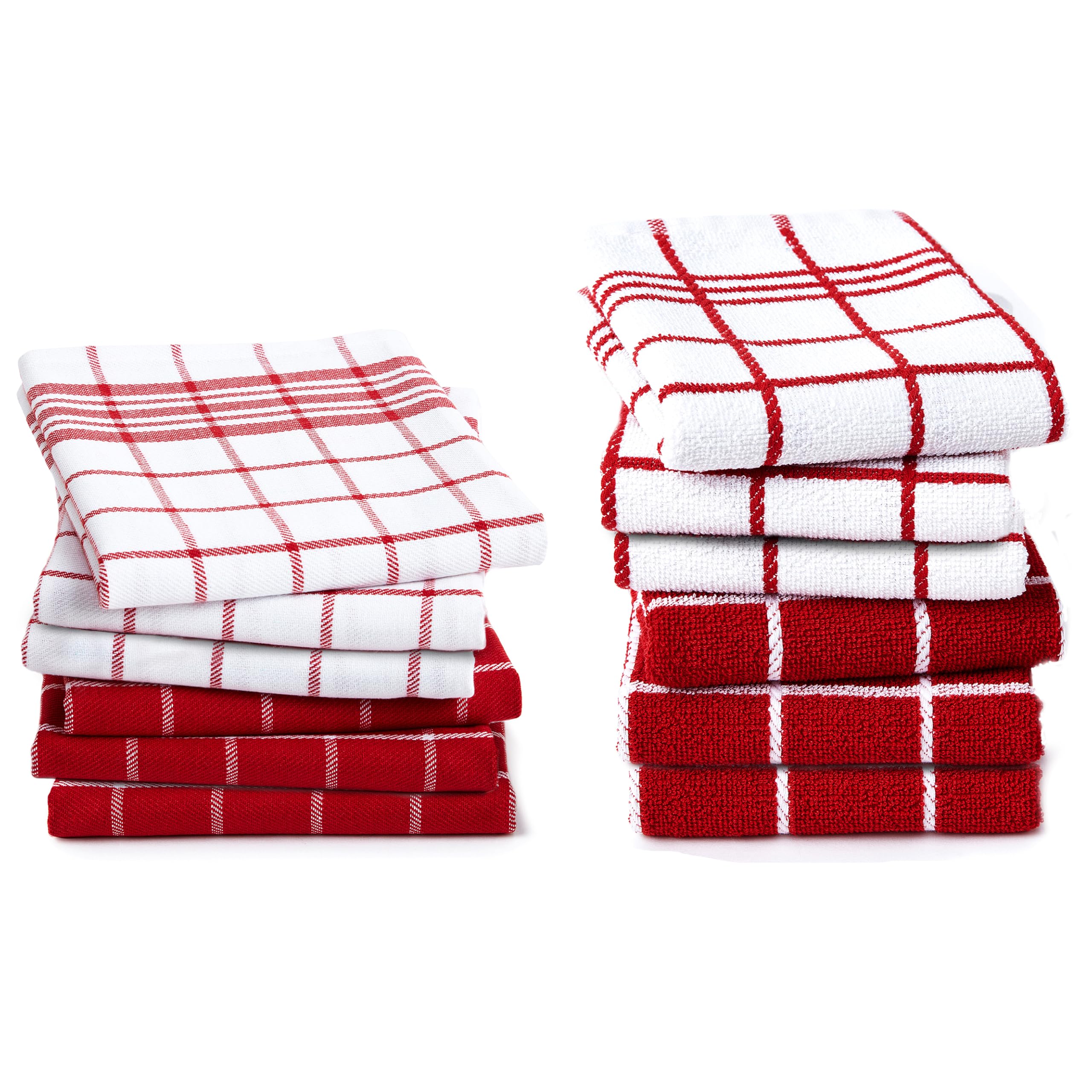 Encasa XO Kitchen Towels and Dish Cloths Sets | Red Combo Highly Absorbent Cotton Terry Towels | 70x45 cm | Multipurpose for Washing Dishes and Cleaning Pack of 12