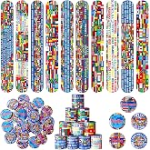 Outus 60 Pcs International Party Favors Flags Slap Bracelets Button Pins | Around the World Theme for Classroom, Geography Lessons, Cultural Events, Country Decorations, Kids Party Supplies