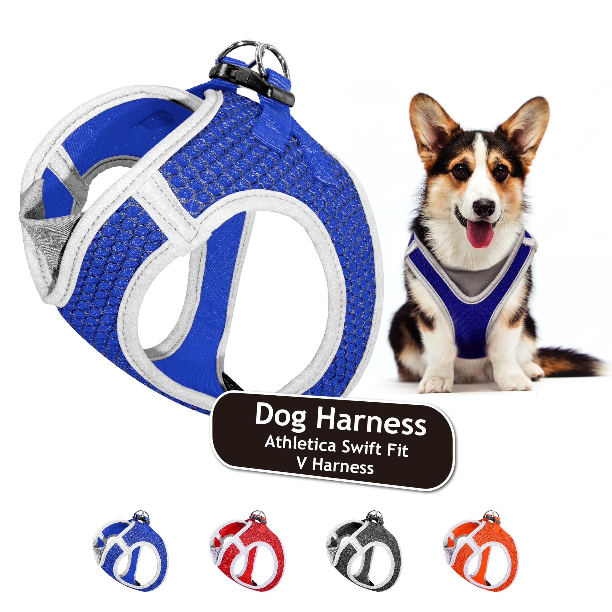 KRUZ PET KZA308-02L Reflective V-Neck Step in Mesh Dog Harness - No Pull, Quick Fit, Comfortable, Velcro-Adjustable Pet Harnesses for Walking & Training - Small, Medium Dogs - Blue, Large