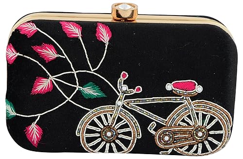 Tooba Womens Clutch(Black Resham Cycle 6X4, Black)