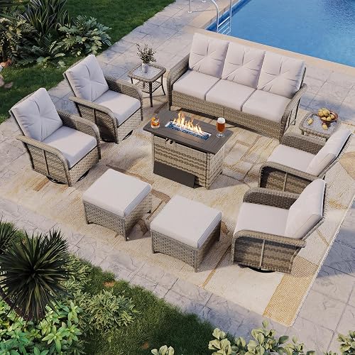Aoxun 10-Piece Wicker Rattan Patio Furniture Set with 44" Fire Pit Table | Outdoor Sectional Sofa with High Back Swivel Rocker Chairs, Outdoor Patio Furniture Set with Thick Cushions & Ottoman, Grey