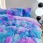 RYNGHIPY Shaggy Bedding Set for Girls Bluey Purple Tie Dye Faux Fur Duvet Cover Set Twin Size Fluffy Plush Velvet Comforter Cover Pillowcases (Blue Purple,Twin)