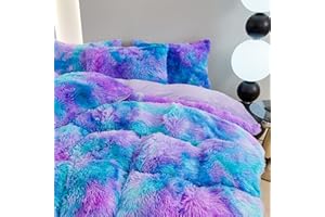 RYNGHIPY Shaggy Bedding Set for Girls Bluey Purple Tie Dye Faux Fur Duvet Cover Set Full Size Fluffy Plush Velvet Comforter Cover Pillowcases (Blue Purple,Full)