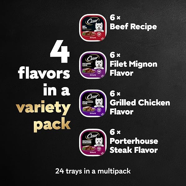 CESAR ADULT WET DOG FOOD CLASSIC LOAF IN SAUCE BEEF RECIPE, FILET MIGNON, GRILLED CHICKEN AND PORTERHOUSE STEAK VARIETY PACK, 3.5 OZ. EASY PEEL TRAYS (PACK OF 24)