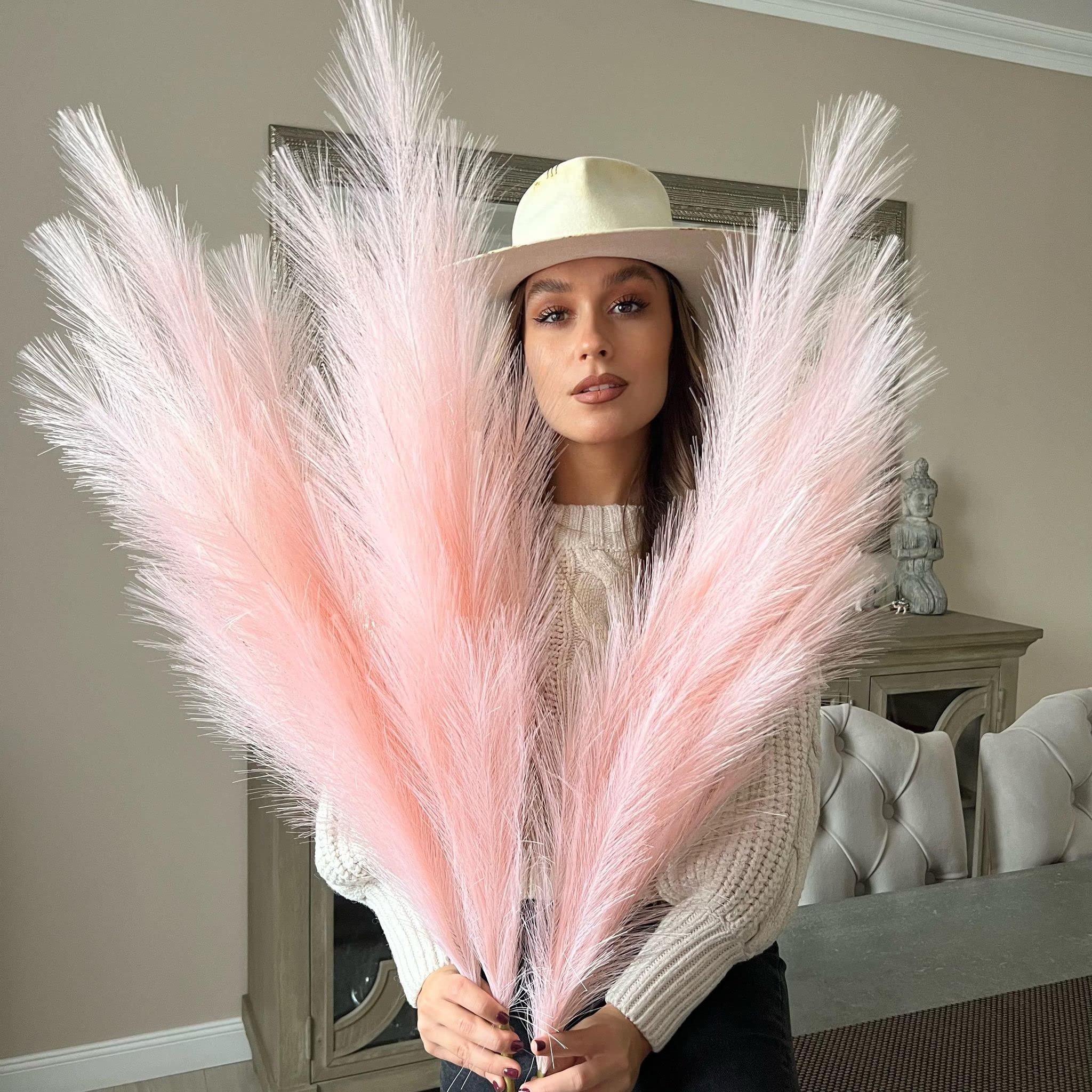 VOULUX Extra Large Tall Light Baby Pink Fake Faux Artificial Pampas Grass Large Fluffy x3 115cm Stems x18 Decorative Artificial Flora Feathers For Floor Vases Tall Plant Flowers Long Pampas Grass โ image 1