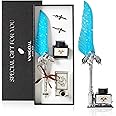 VANGOAL Dragon Quill Pen & Ink Set, Vintage Dragon Feather Dip Pen Gift Set for Writing, Drawing & Desktop Decoration (Ice Blue)