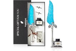 VANGOAL Dragon Quill Pen & Ink Set, Vintage Dragon Feather Dip Pen Gift Set for Writing, Drawing & Desktop Decoration (Ice Blue)