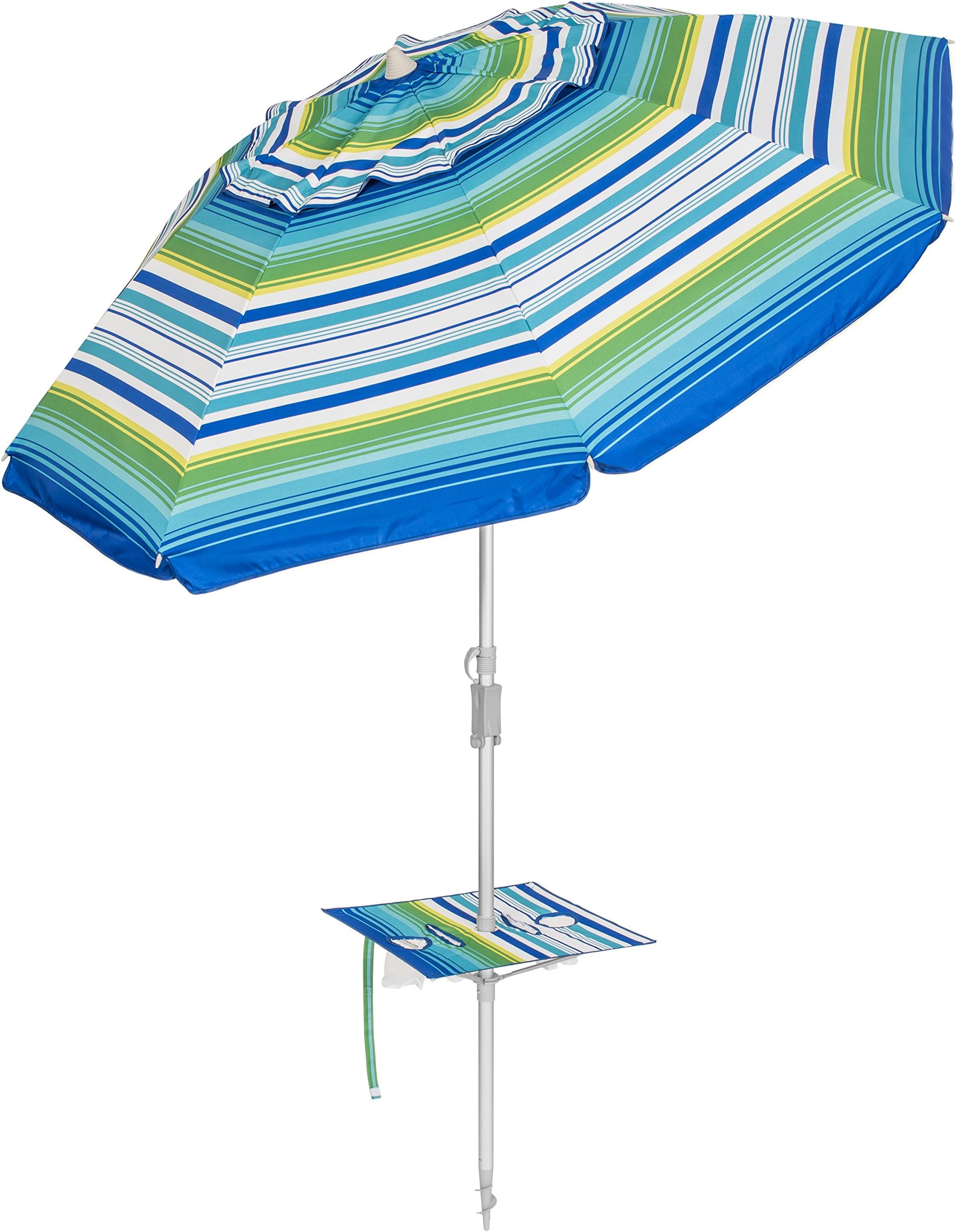 Beach Mania 7' Umbrella with Folding Table and Sand Anchor (Stripe)