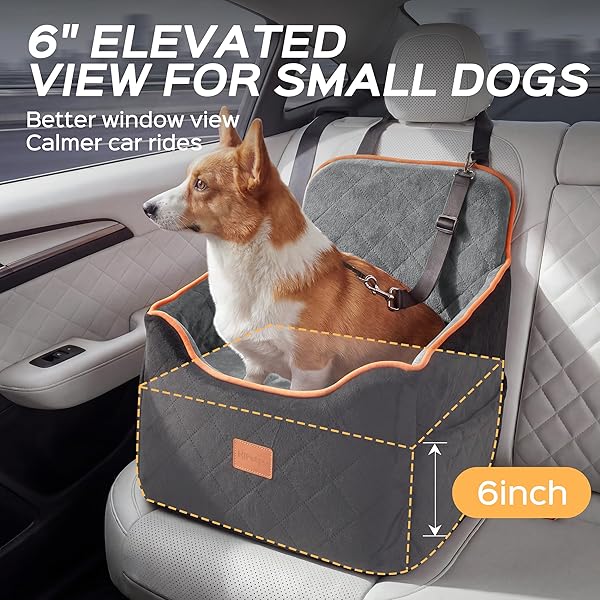HIPETPY DOG CAR SEAT 6″ ELEVATED MEMORY FOAM BOOSTER SEAT FOR SMALL MEDIUM DOGS UNDER 35 LBS WITH PET BLANKET, WASHABLE PET CAR SEAT WITH SAFETY LEASH, ANTI-SLIP BASE AND STORAGE POCKETS