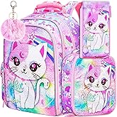 KLFVB 3PCS Cat Uni Dinosaur Backpack for Girls and Boys, 16" Kids Bookbag and Lunch Box, Preschool Backpacks for Elementary