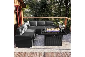 Vakollia 7 Pieces Patio Furniture Set with 44" Propane Gas Fire Pit Table, Outdoor Sectional Wicker Conversation Sofa Sets with Coffee Table