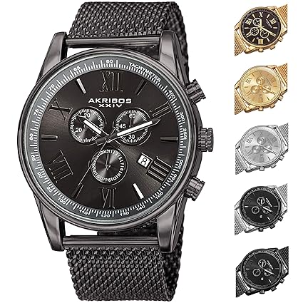 Akribos XXIV Omni Mens Dress Watch - Round Radiant Sunburst Dial Swiss Chronograph Quartz Stainless Steel Mesh Strap�